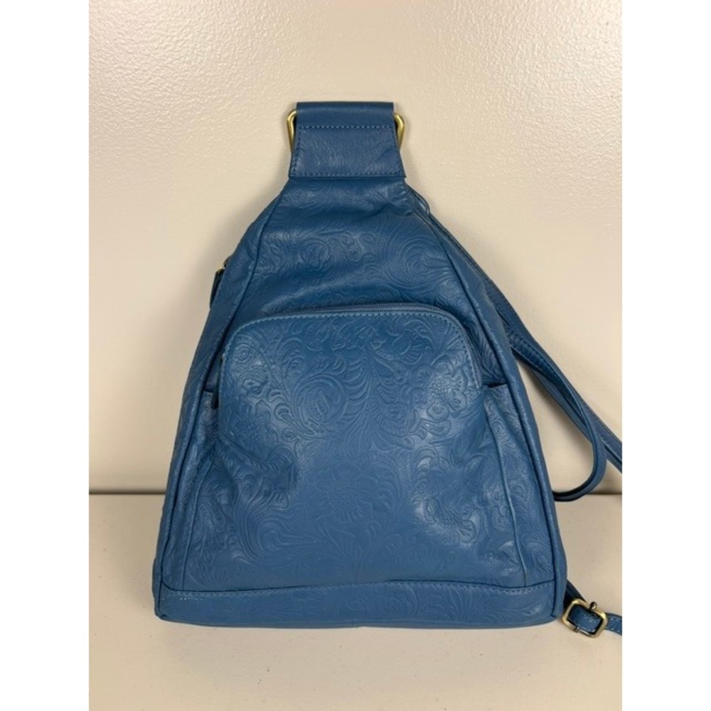 Great American Leather Works Blue Embossed Floral Sling Backpack Convertible Bag